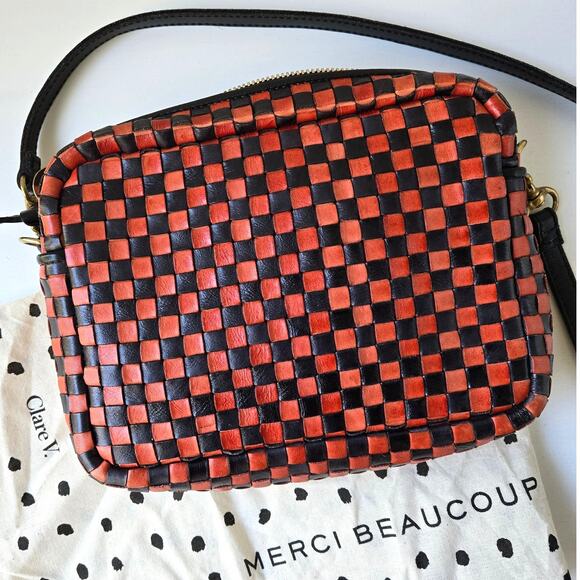Clare Vivier V Midi Sac Red Black Checker Woven Leather Crossbody Purse EUC Rare - Picture 3 of 16